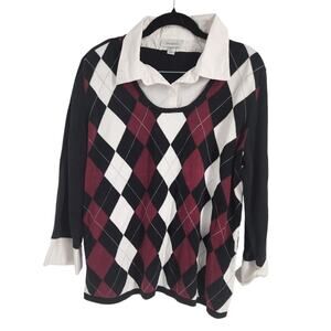 Dressbarn Navy Blue Academia 3/4 Sleeve Argyle Print Top Womens Plus Size 1X